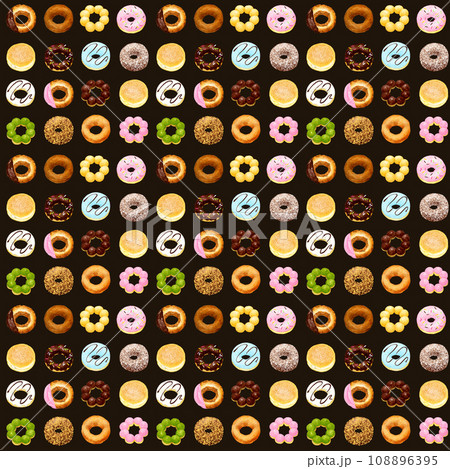 ドーナツのシームレスパターン　手描き水彩イラストの食べ物柄 108896395