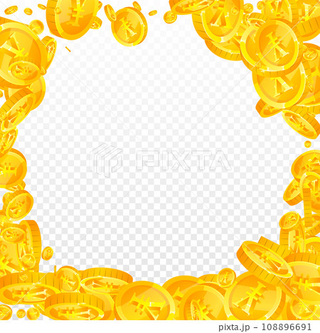 Chinese yuan coins falling. Scattered gold CNY coins. China money. Jackpot wealth or success concept. Square vector illustration. Chinese yuan coins falling. Scattered gold CNY coins. China money. Jackpot wealth or success concept. Square vector illustration. 108896691