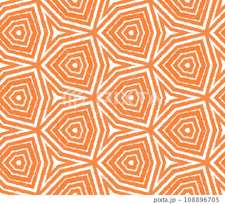 Exotic seamless pattern. Orange symmetrical kaleidoscope background. Textile ready ideal print, swimwear fabric, wallpaper, wrapping. Summer swimwear exotic seamless design. Exotic seamless pattern. Orange symmetrical kaleidoscope background. Textile ready ideal print, swimwear fabric, wallpaper, wrapping. Summer swimwear exotic seamless design. 108896705
