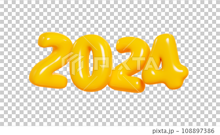 2024 inflatable balloon text 3d render illustration. Cartoon yellow glossy number for 2024 New Year and Christmas greeting or sale design, party invitation. Xmas decoration element. 108897386