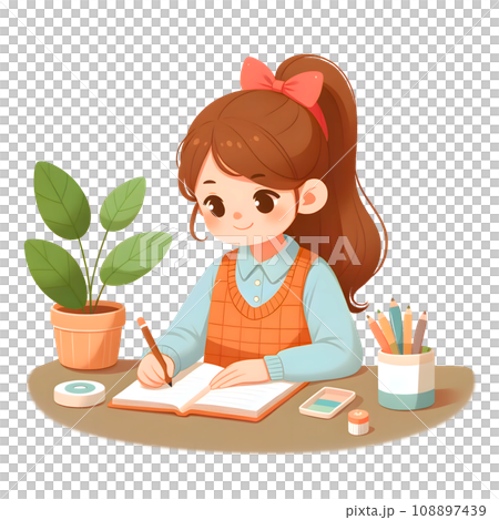 女孩在筆記本上寫字，簡單可愛的插圖，AI 生成的圖像 108897439