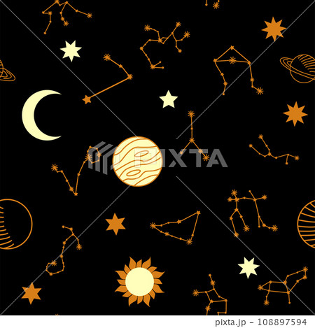 Magic seamless pattern with constellations, sun, moon, magic eyes, clouds and stars. Mystical esoteric 108897594