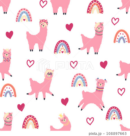 Cute pattern with llamas, cacti, Alps mountains, dream catcher, rainbows and hearts. Children s room design 108897663