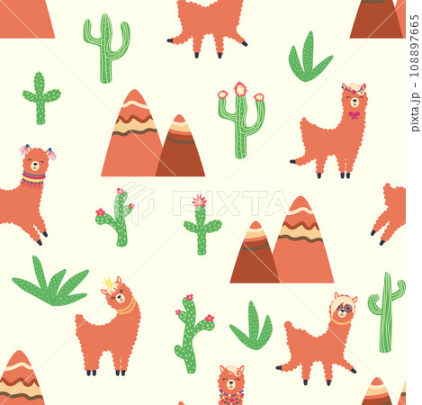 Cute pattern with llamas, cacti, Alps mountains, dream catcher, rainbows and hearts. Children s room design Cute pattern with llamas, cacti, Alps mountains, dream catcher, rainbows and hearts. Children s room design 108897665