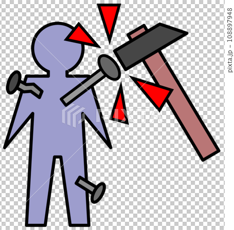 一幅可怕的插圖，用錘子將釘子釘入娃娃，並咒罵或怨恨。 108897948