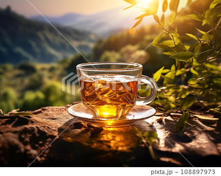Tea cup with tea leaf on the wooden table and the tea plantations background on sunset Tea cup with tea leaf on the wooden table and the tea plantations background on sunset 108897973