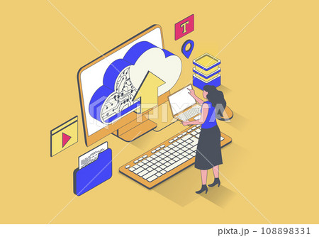 Cloud computing concept in 3d isometric design. Woman works with data processing, sync, uploading and downloading information online. Illustration with isometry people scene for web graphic. 108898331