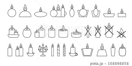 Vector set candles icons Black stroke line Candles symbol rectangular, round, trapezoid. Crossed out 108898858