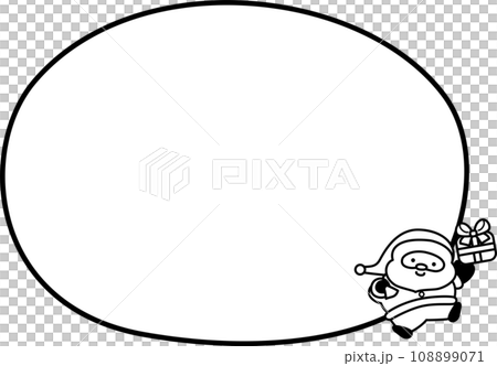 プレゼントを背負って笑うクリスマスのサンタクロース　吹き出し　白黒 108899071