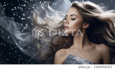 AI-generated content. blond woman in shiny dress having a party while standing under confetti rain AI-generated content. blond woman in shiny dress having a party while standing under confetti rain 108899263