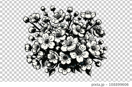 Illustration of cherry blossom branches and cherry blossoms in full bloom and petals. Japanese traditional spring flowers vector illustration - generated AI 108899606