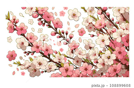 桜の枝と満開な桜と花びらのさくらの花のイラスト。日本の伝統的な春の花のベクターイラスト-生成AI 108899608