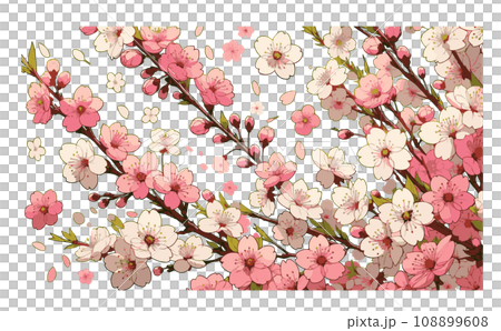 桜の枝と満開な桜と花びらのさくらの花のイラスト。日本の伝統的な春の花のベクターイラスト-生成AI 108899608