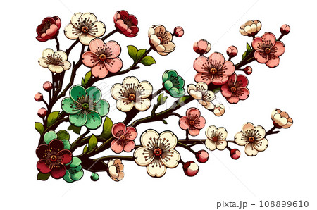 桜の枝と満開な桜と花びらのさくらの花のイラスト。日本の伝統的な春の花のベクターイラスト-生成AI 桜の枝と満開な桜と花びらのさくらの花のイラスト。日本の伝統的な春の花のベクターイラスト-生成AI 108899610