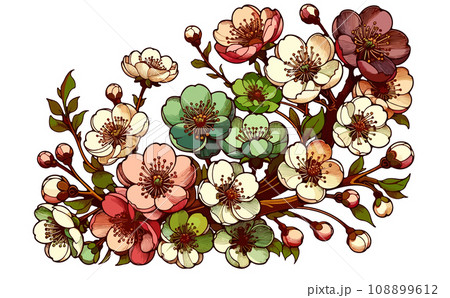 桜の枝と満開な桜と花びらのさくらの花のイラスト。日本の伝統的な春の花のベクターイラスト-生成AI 108899612