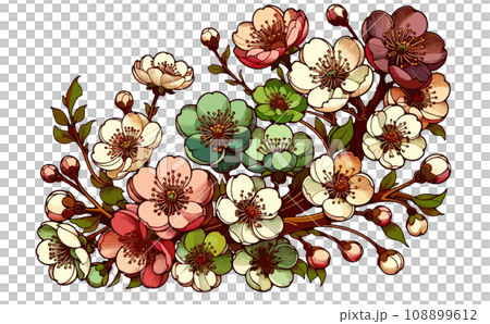 桜の枝と満開な桜と花びらのさくらの花のイラスト。日本の伝統的な春の花のベクターイラスト-生成AI 108899612