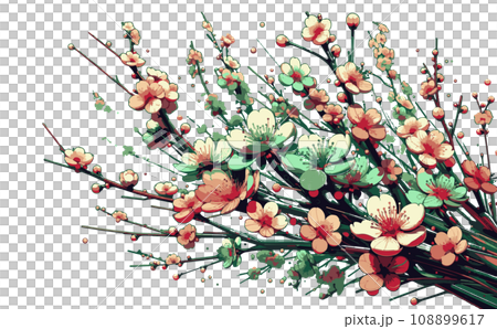 Illustration of cherry blossom branches and cherry blossoms in full bloom and petals. Japanese traditional spring flowers vector illustration - generated AI 108899617