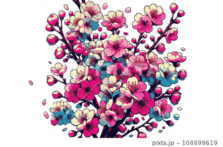 桜の枝と満開な桜と花びらのさくらの花のイラスト。日本の伝統的な春の花のベクターイラスト-生成AI 108899619