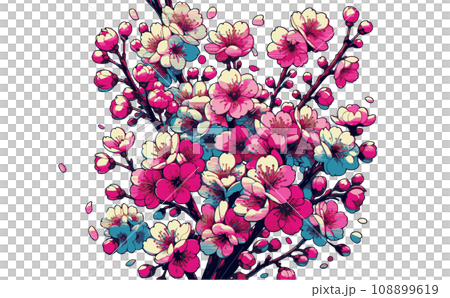 桜の枝と満開な桜と花びらのさくらの花のイラスト。日本の伝統的な春の花のベクターイラスト-生成AI 108899619