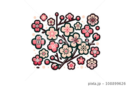 桜の枝と満開な桜と花びらのさくらの花のイラスト。日本の伝統的な春の花のベクターイラスト-生成AI 108899626