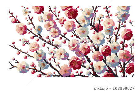桜の枝と満開な桜と花びらのさくらの花のイラスト。日本の伝統的な春の花のベクターイラスト-生成AI 108899627