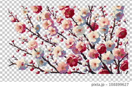 桜の枝と満開な桜と花びらのさくらの花のイラスト。日本の伝統的な春の花のベクターイラスト-生成AI 108899627