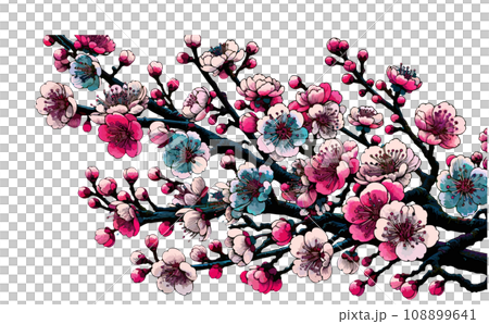 Illustration of cherry blossom branches and cherry blossoms in full bloom and petals. Japanese traditional spring flowers vector illustration - generated AI 108899641