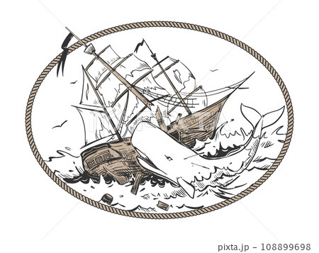 The white sperm whale attacks the ship. The mythical monster responsible for the shipwreck. Vector illustration in engraving style. Composition based on the legends of sailors in an oval rope frame. The white sperm whale attacks the ship. The mythical monster responsible for the shipwreck. Vector illustration in engraving style. Composition based on the legends of sailors in an oval rope frame. 108899698