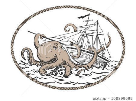 A mythical monster from the dark depths attacks the ship. The octopus wraps its tentacles around the ship and pulls it to the bottom. Vector image of the Kraken. 108899699