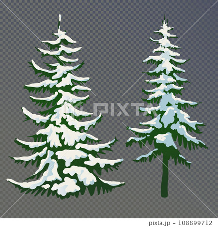 Realistic vector illustration of a spruce tree in the snow on a transparent background. Green fluffy pine isolated on a white background. Winter snow-covered trees. Elements for the Christmas scene. 108899712