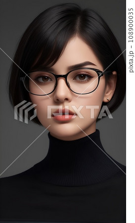 黒いハイネックの服を着て、眼鏡をかけたショートカットの女性 黒いハイネックの服を着て、眼鏡をかけたショートカットの女性 108900035