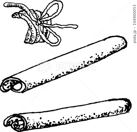 Hand drawn glass transparent cinnamon sticks tied in a bunch vector illustration Decorative element Hand drawn glass transparent cinnamon sticks tied in a bunch vector illustration Decorative element 108900053