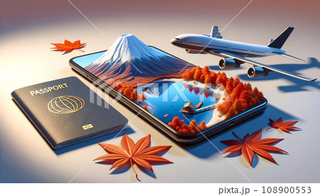 Smartphone Displaying 3D Mount Fuji with Airplane and Passport 108900553