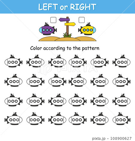Game for preschool children. Match the cards with the cars and color them according to the pattern. Orientation in space. Left and right 108900627