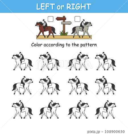 Game for preschool children. Match the cards with the cars and color them according to the pattern. Orientation in space. Left and right 108900630