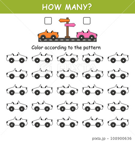 Game for preschool children. Match the cards with the cars and color them according to the pattern. Orientation in space. Left and right 108900636