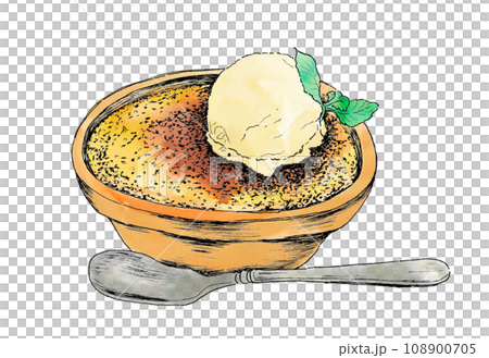 手描きイラスト素材：水彩カラーのクリームブリュレ　クレームブリュレ　洋菓子デザート 108900705