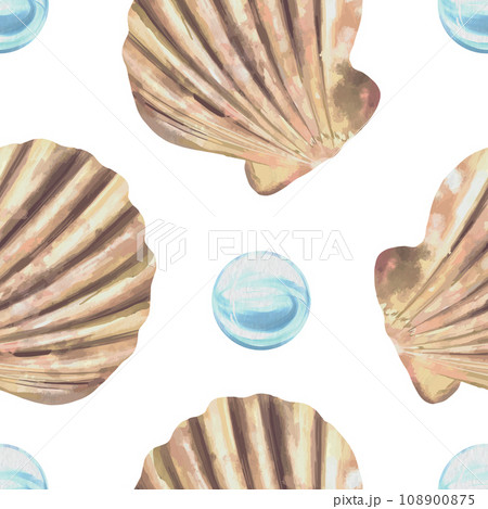 Seashells and bubbles. Marine seamless pattern. Vector illustration in watercolor style. Cards, covers, fabric, wrapping paper, wallpaper, textile. 108900875