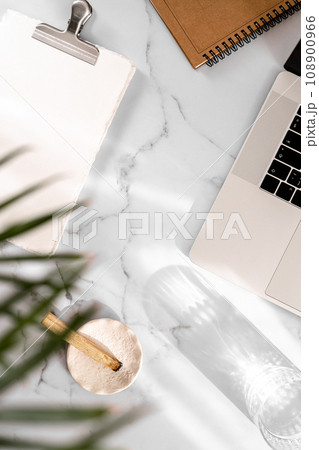 White desk office with laptop, notepads, palo santo stick and green plant 108900966
