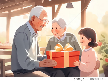 老夫婦、孫とプレゼントのイラスト　AI生成画像 108901638