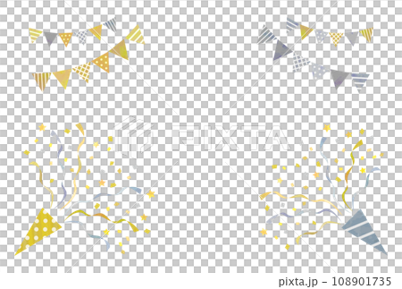 金銀のパーティクラッカーとガーランド（水彩風ベクター） 108901735