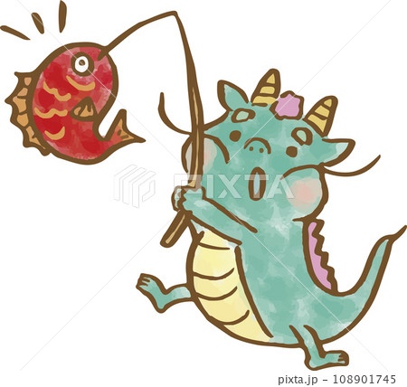 鯛を釣る手描きの可愛い辰イラスト 108901745