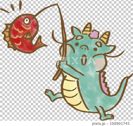 鯛を釣る手描きの可愛い辰イラスト 108901745