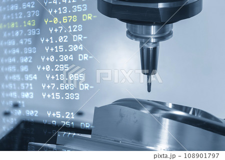 Abstract scene the CNC milling machine cutting the mold parts by solid ball end mill tool and G-code data background. Abstract scene the CNC milling machine cutting the mold parts by solid ball end mill tool and G-code data background. 108901797
