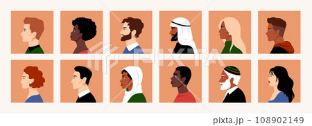 People faces. Woman and man portrait or avatar side view, old and young person head, Asian and arab girls and boys, different hairstyle, various race. Cartoon flat isolated vector set 108902149