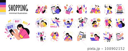 Shop icons. Shopping sale. People making purchases. Online commerce. Mobile discount. Business live store. Simple delivery symbols. Payment for order. Vector minimal illustrations set 108902152