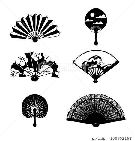Paper fan. Black silhouettes with ethnic floral and marine patterns. Chinese or Japanese traditional geisha attribute, isolated elements. Beautiful asian ornament. Vector isolated set 108902162