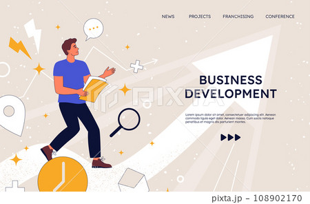 Business growth landing page. Startup development. Progress arrow. Website design template. Run to goal. Success career in future. New work way for person or company. Vector background 108902170