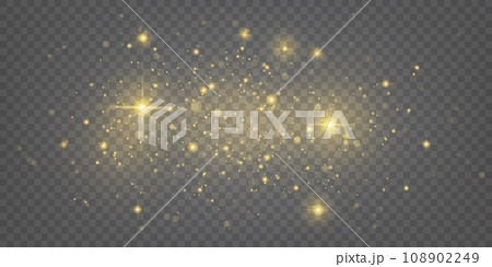 Star dust. Light gold glitter, magic shine effect, golden confetti or glow spark, flare texture isolated on transparent background. Minimal festive starlight. Vector illustration Star dust. Light gold glitter, magic shine effect, golden confetti or glow spark, flare texture isolated on transparent background. Minimal festive starlight. Vector illustration 108902249