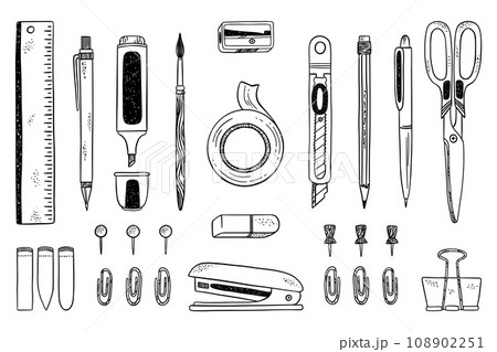 Doodle pencils. Hand drawn pen and pencil, sketch style school and office stationery tools, art brush, adhesive tape and scissors or highlighter marker. Line elements. Vector icons Doodle pencils. Hand drawn pen and pencil, sketch style school and office stationery tools, art brush, adhesive tape and scissors or highlighter marker. Line elements. Vector icons 108902251